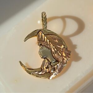 Michael Anthony Art Nouveau 14 k Gold Tri-Tone Woman’s Face and Moon Pendant